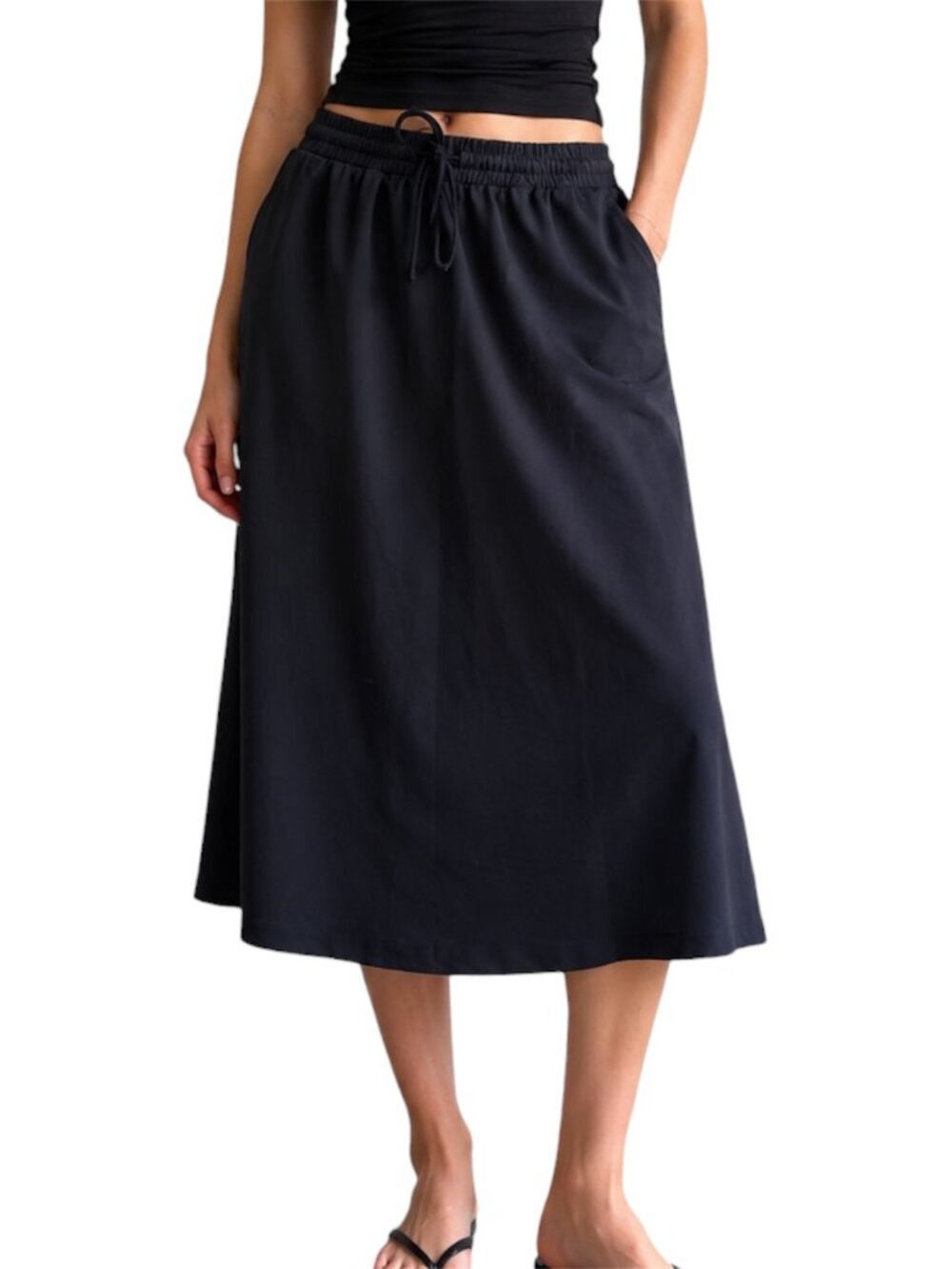 Size L Spanx Black Flowy Midi Skirt Drawstring Waist 